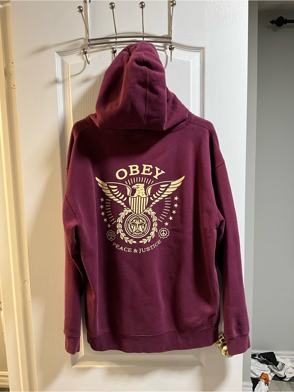 Obey Men’s Maroon Hooded Sweatshirt with Cream Peace & Justice Graphic